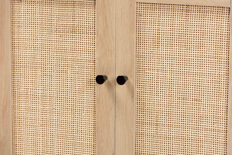 Cosma Mid-Century Modern Light Brown and Black 2-Door Storage Cabinet w/Woven Rattan Accent