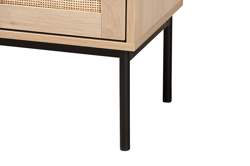 Cosma Mid-Century Modern Light Brown and Black 2-Door Storage Cabinet w/Woven Rattan Accent