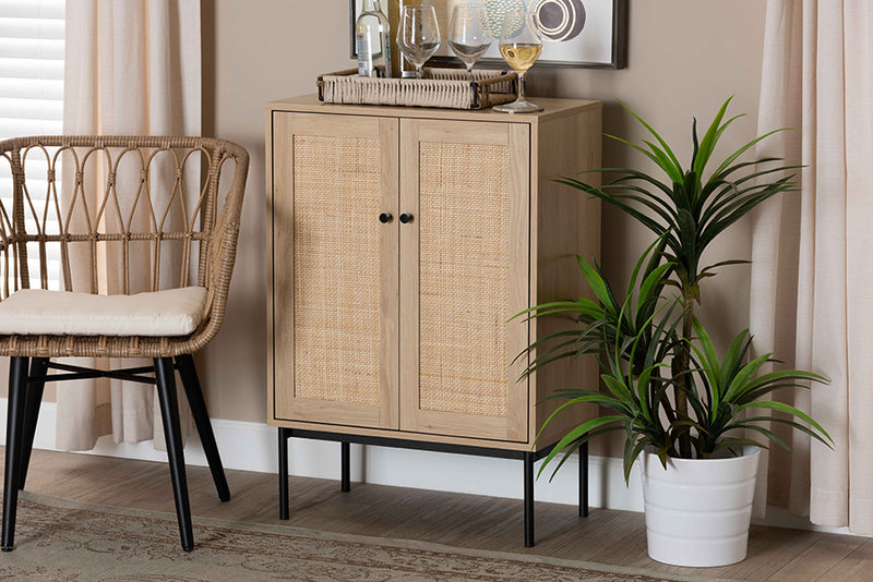 Cosma Mid-Century Modern Light Brown and Black 2-Door Storage Cabinet w/Woven Rattan Accent
