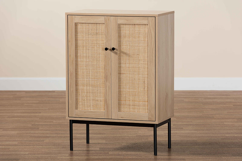 Cosma Mid-Century Modern Light Brown and Black 2-Door Storage Cabinet w/Woven Rattan Accent