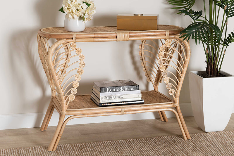 Lisa Modern Bohemian Natural Brown Rattan 2-Tier Console Table