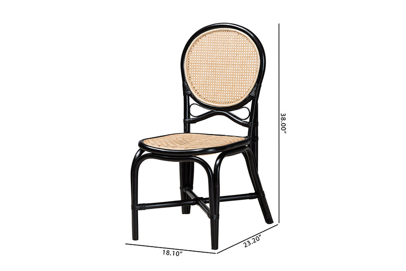 Denver Mid-Century Modern Two-Tone Black and Natural Brown Rattan Dining Chair