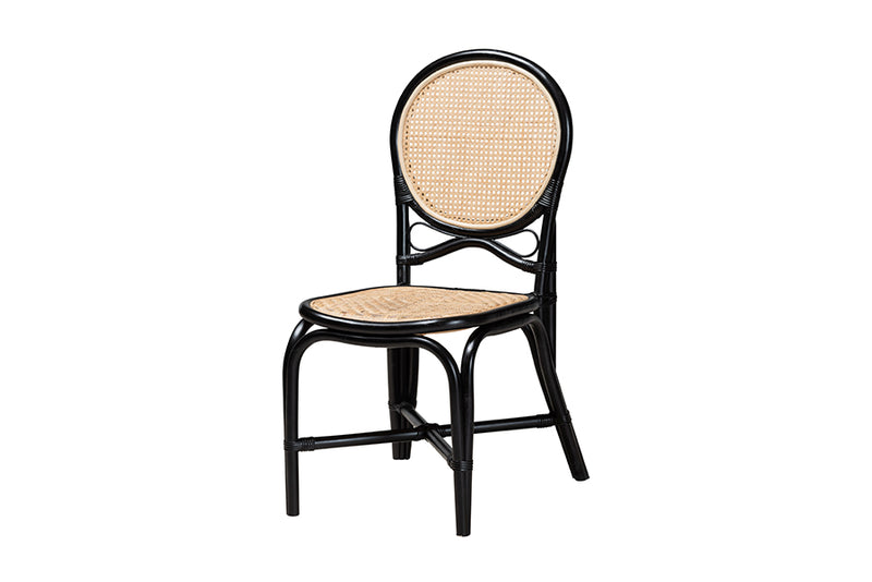 Denver Mid-Century Modern Two-Tone Black and Natural Brown Rattan Dining Chair