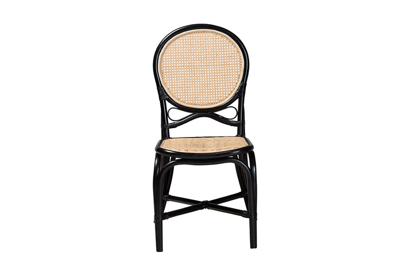 Denver Mid-Century Modern Two-Tone Black and Natural Brown Rattan Dining Chair