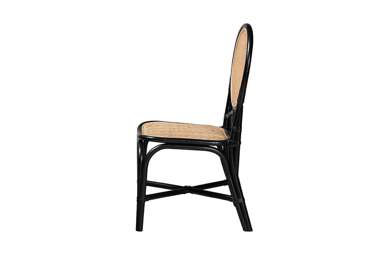 Denver Mid-Century Modern Two-Tone Black and Natural Brown Rattan Dining Chair