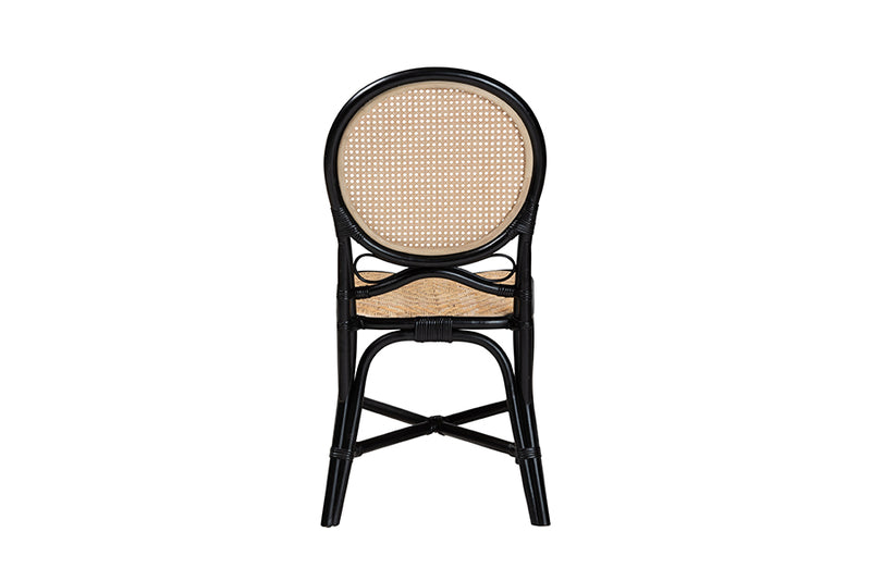 Denver Mid-Century Modern Two-Tone Black and Natural Brown Rattan Dining Chair