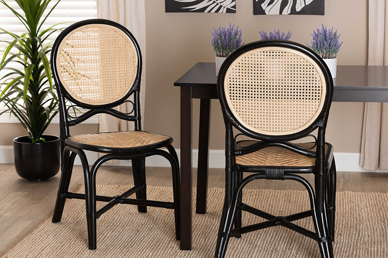 Denver Mid-Century Modern Two-Tone Black and Natural Brown Rattan Dining Chair