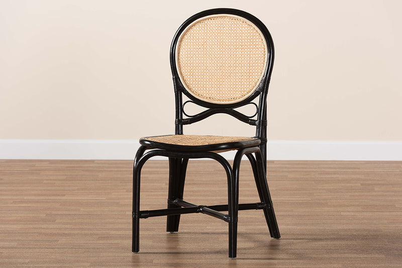 Denver Mid-Century Modern Two-Tone Black and Natural Brown Rattan Dining Chair