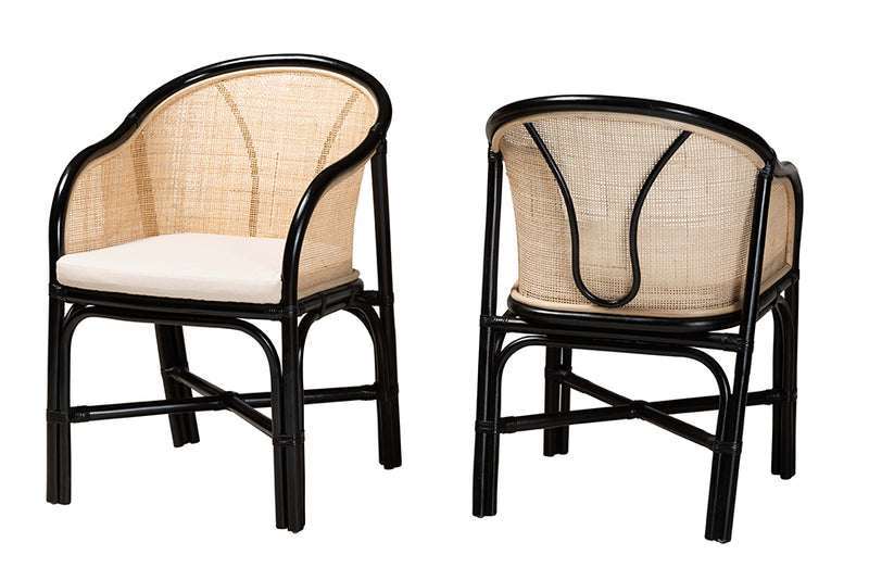 Fariat Modern Bohemian Two-Tone Black and Natural Brown Rattan 2-Piece Dining Chair Set