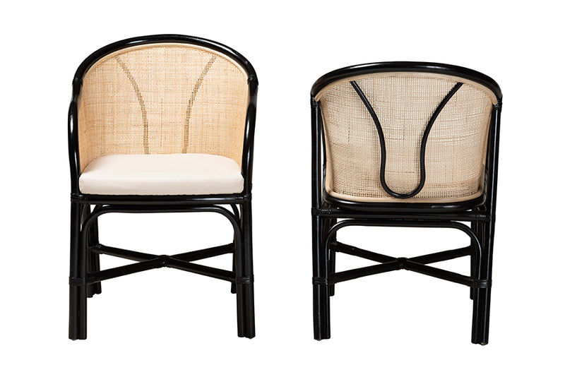 Fariat Modern Bohemian Two-Tone Black and Natural Brown Rattan 2-Piece Dining Chair Set