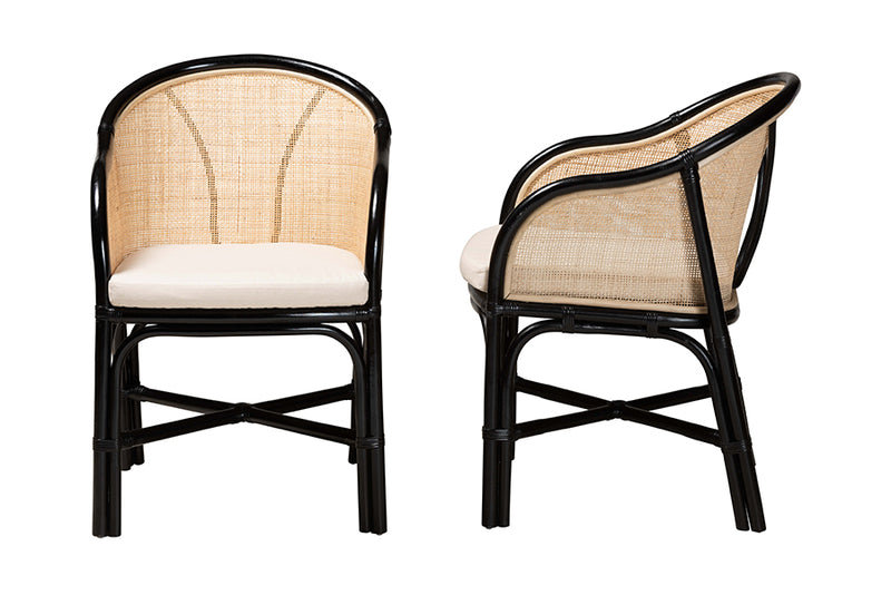 Fariat Modern Bohemian Two-Tone Black and Natural Brown Rattan 2-Piece Dining Chair Set