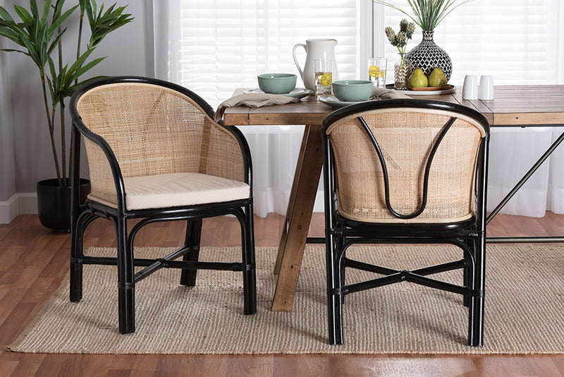 Fariat Modern Bohemian Two-Tone Black and Natural Brown Rattan 2-Piece Dining Chair Set