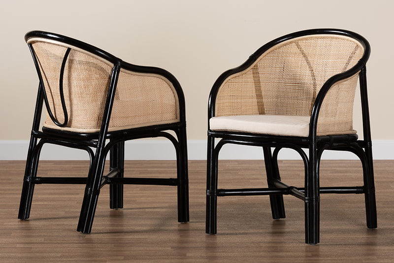 Fariat Modern Bohemian Two-Tone Black and Natural Brown Rattan 2-Piece Dining Chair Set