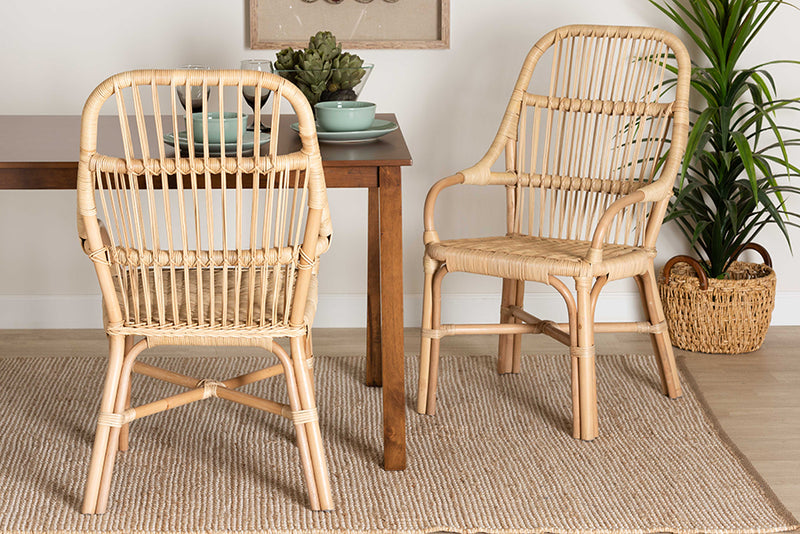 Kenji Modern Bohemian Natural Brown Rattan 2-Piece Dining Chair Set