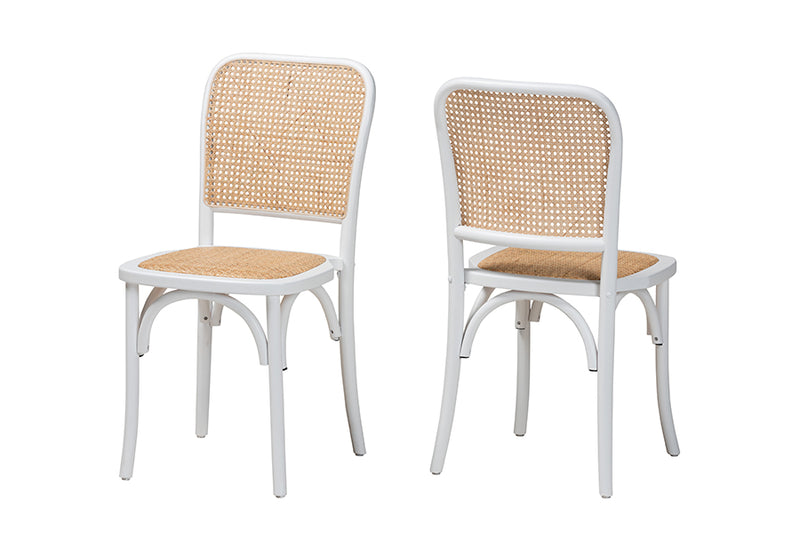 Redell Japandi White Wood and Natural Rattan 2-Piece Dining Chair Set