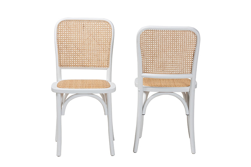 Redell Japandi White Wood and Natural Rattan 2-Piece Dining Chair Set