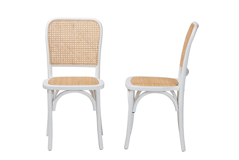 Redell Japandi White Wood and Natural Rattan 2-Piece Dining Chair Set