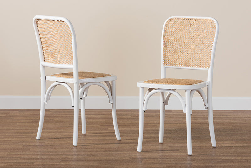 Redell Japandi White Wood and Natural Rattan 2-Piece Dining Chair Set