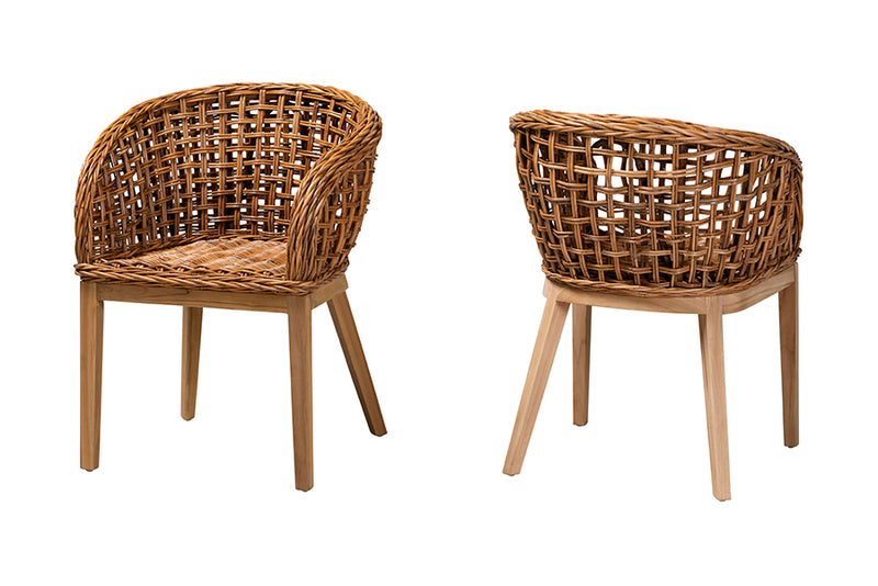 Sadia Modern Bohemian Natural Brown Finished Teak Wood and Rattan 2-Piece Dining Chair Set