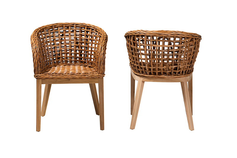 Sadia Modern Bohemian Natural Brown Finished Teak Wood and Rattan 2-Piece Dining Chair Set