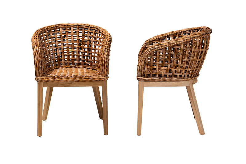 Sadia Modern Bohemian Natural Brown Finished Teak Wood and Rattan 2-Piece Dining Chair Set