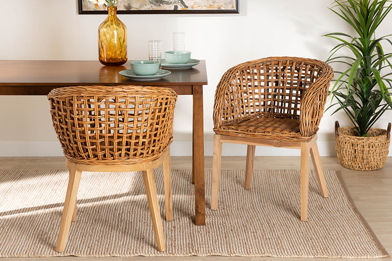 Sadia Modern Bohemian Natural Brown Finished Teak Wood and Rattan 2-Piece Dining Chair Set