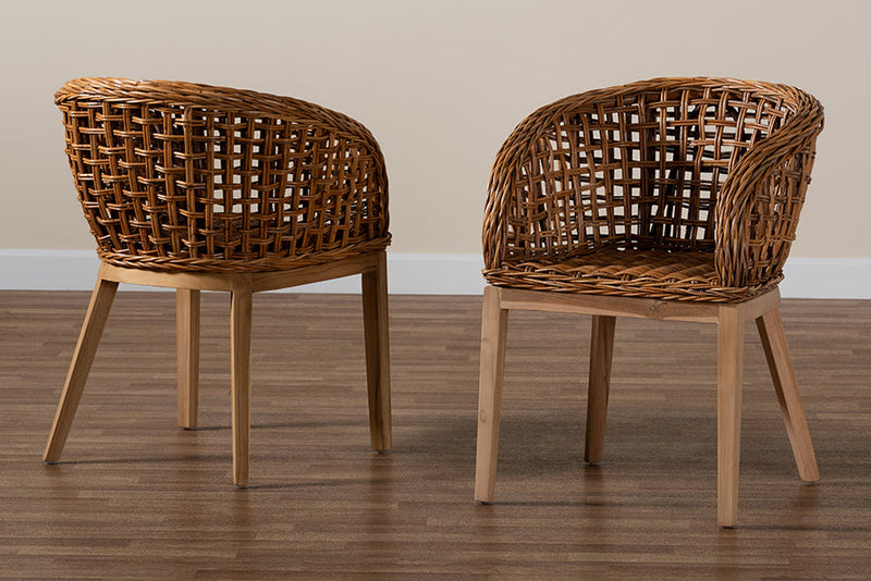 Sadia Natural Brown Finished Teak Wood and Rattan 2Pc Dining Chair Set Baxton