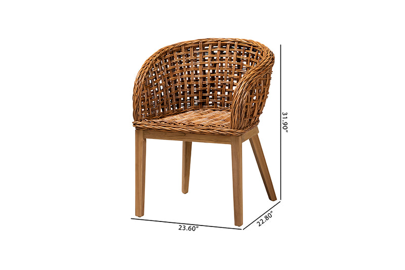 Sadia Modern Bohemian Natural Brown Finished Teak Wood and Rattan 2-Piece Dining Chair Set