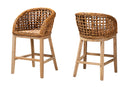 Sadia Natural Brown Finished Teak Wood and Rattan 2Pc Counter Stool Set Baxton