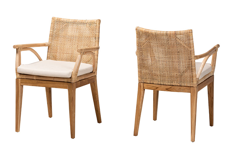 Miya Modern Bohemian Natural Brown Finished Teak Wood and Rattan 2-Piece Dining Chair Set