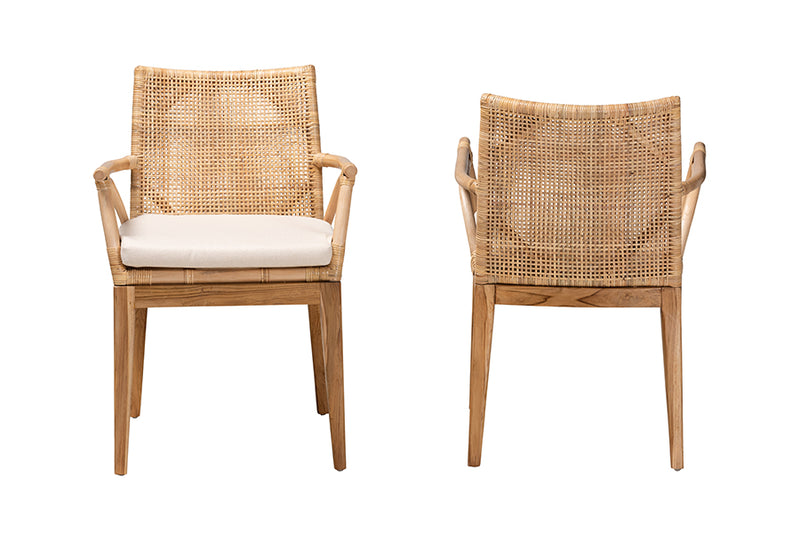 Miya Modern Bohemian Natural Brown Finished Teak Wood and Rattan 2-Piece Dining Chair Set