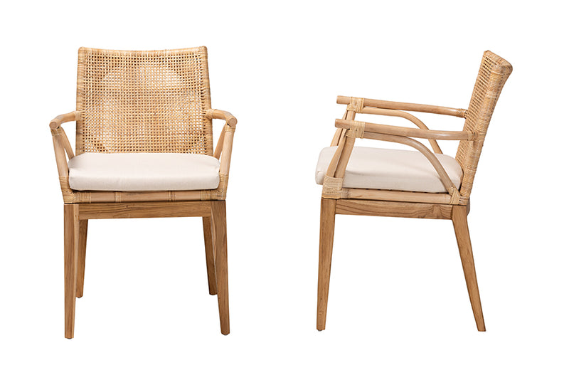 Miya Modern Bohemian Natural Brown Finished Teak Wood and Rattan 2-Piece Dining Chair Set