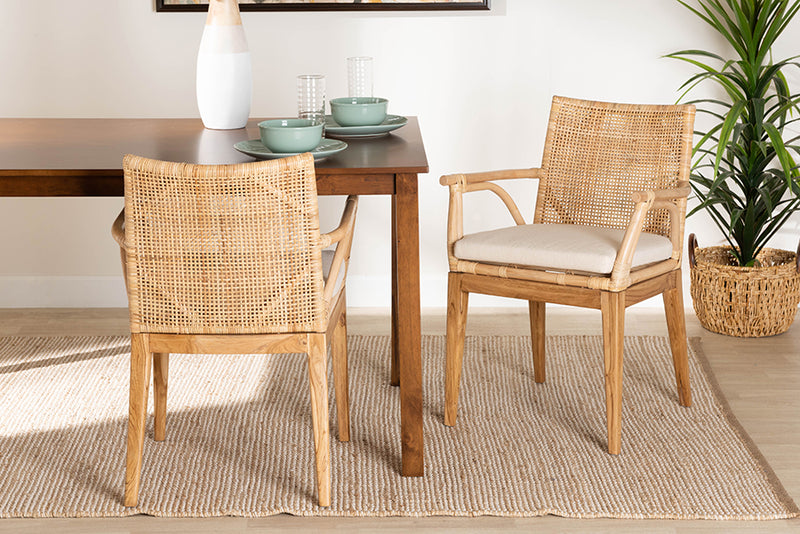 Miya Modern Bohemian Natural Brown Finished Teak Wood and Rattan 2-Piece Dining Chair Set