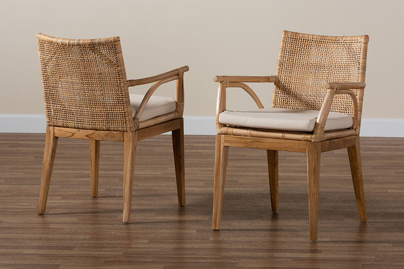 Miya Modern Bohemian Natural Brown Finished Teak Wood and Rattan 2-Piece Dining Chair Set