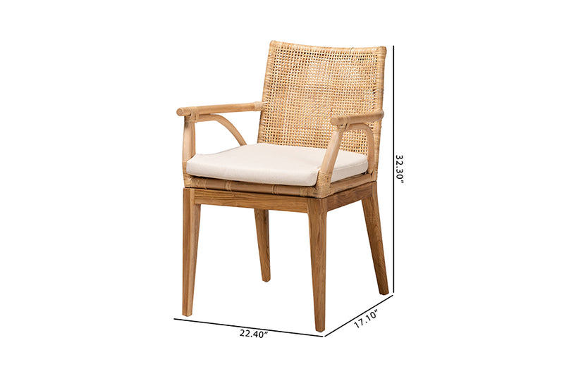 Miya Modern Bohemian Natural Brown Finished Teak Wood and Rattan 2-Piece Dining Chair Set