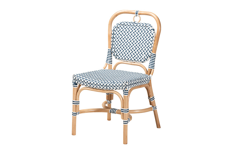 Jasper Modern French Blue and White Weaving Natural Rattan Bistro Chair