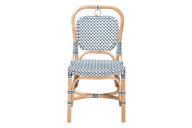 Jasper Modern French Blue and White Weaving Natural Rattan Bistro Chair