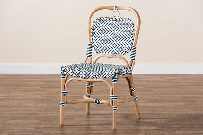 Jasper Modern French Blue and White Weaving Natural Rattan Bistro Chair