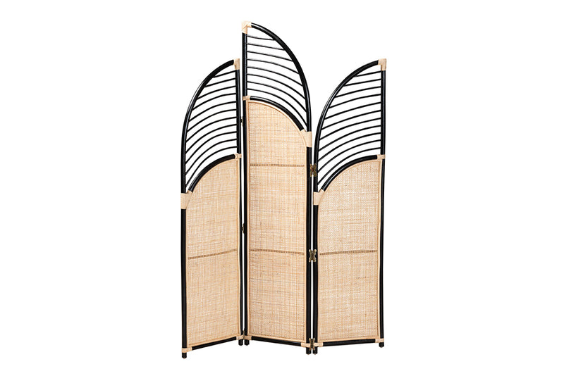 Marieke Modern Bohemian Two-Tone Black and Natural Brown Rattan Room Divider