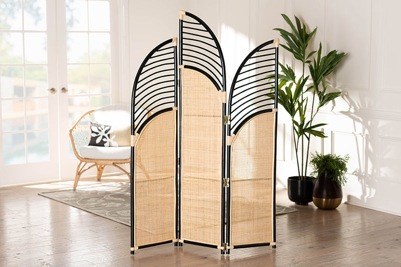 Marieke Modern Bohemian Two-Tone Black and Natural Brown Rattan Room Divider