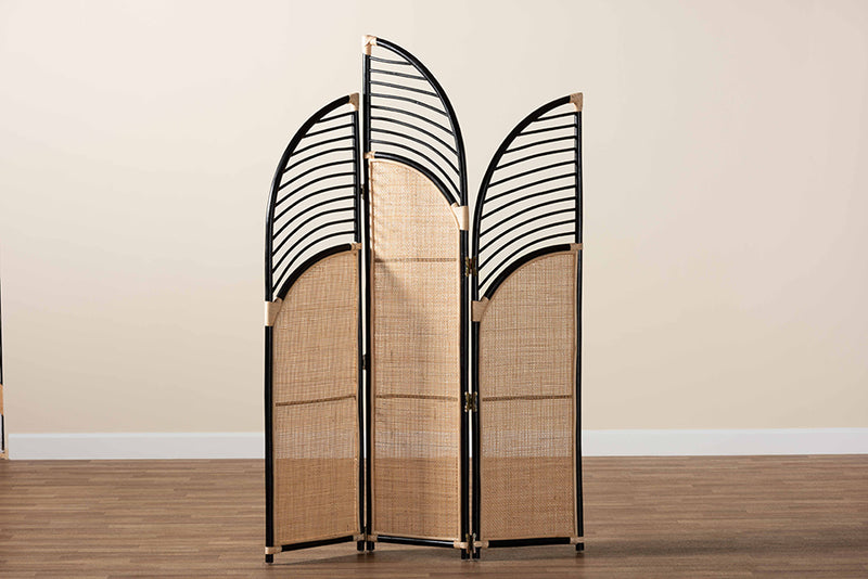 Marieke Modern Bohemian Two-Tone Black and Natural Brown Rattan Room Divider