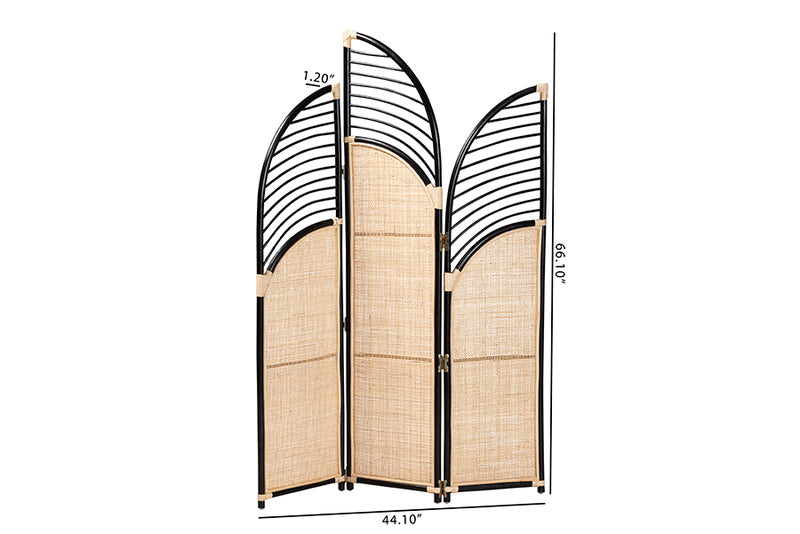 Marieke Modern Bohemian Two-Tone Black and Natural Brown Rattan Room Divider