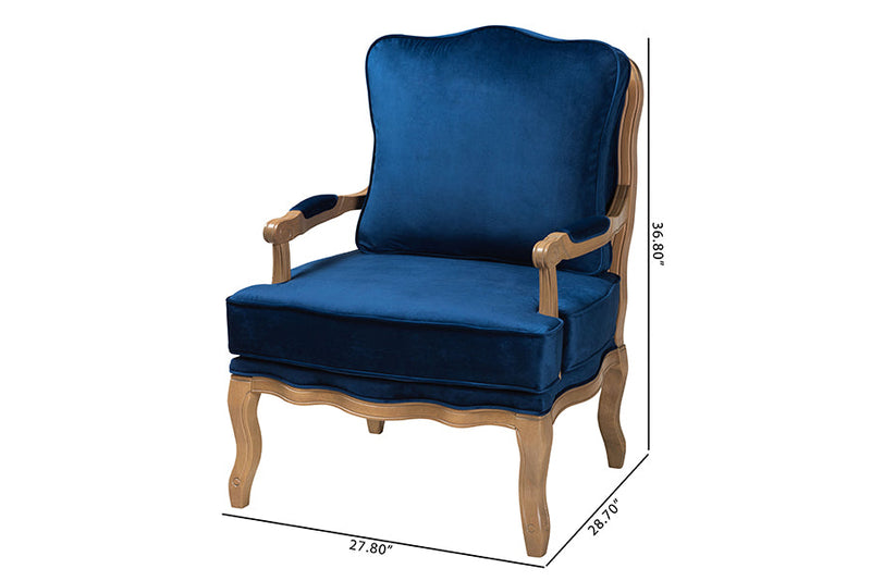 Lanny Traditional Navy Blue Fabric and French Oak Brown Accent Chair Baxton
