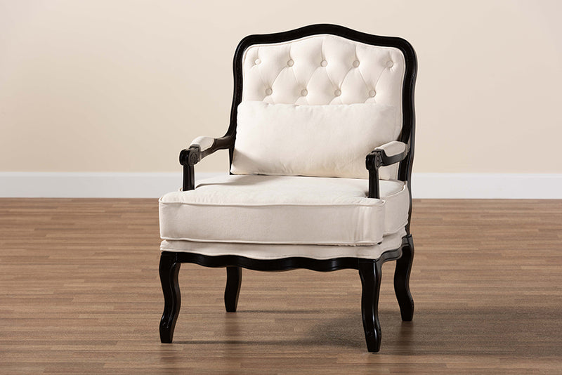 Shiro Traditional French Cream Fabric and Wenge Brown Finished Wood Accent Chair