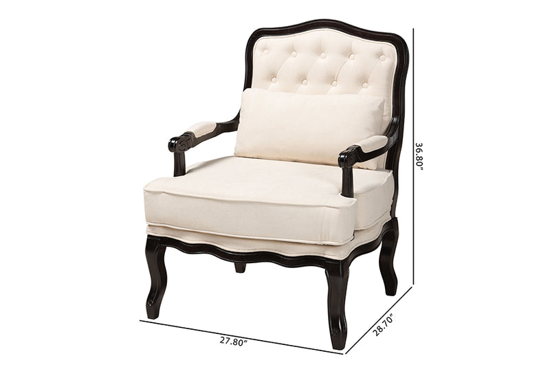 Shiro Traditional French Cream Fabric and Wenge Brown Finished Wood Accent Chair