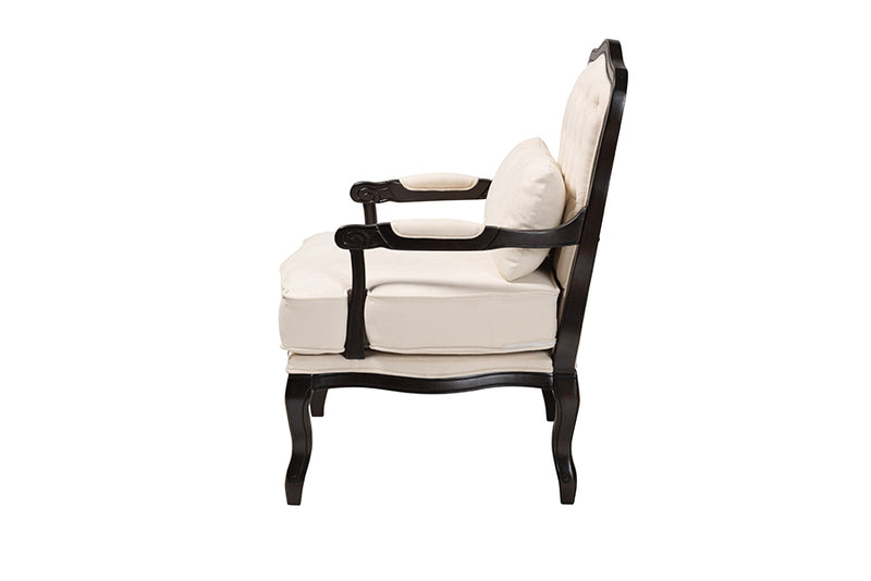 Shiro Traditional French Cream Fabric and Wenge Brown Finished Wood Accent Chair