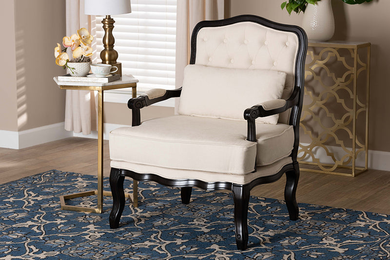 Shiro Traditional French Cream Fabric and Wenge Brown Finished Wood Accent Chair