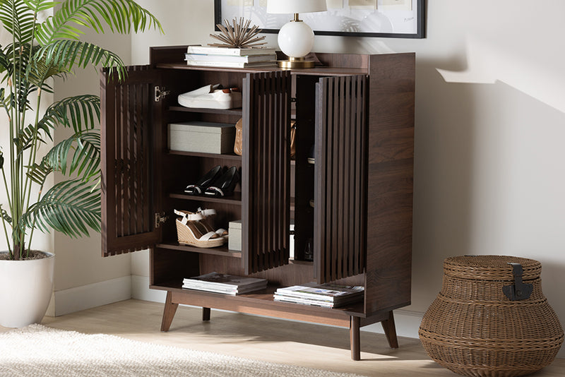 Lida Mid-Century Modern Walnut Brown Finished Wood Shoe Cabinet