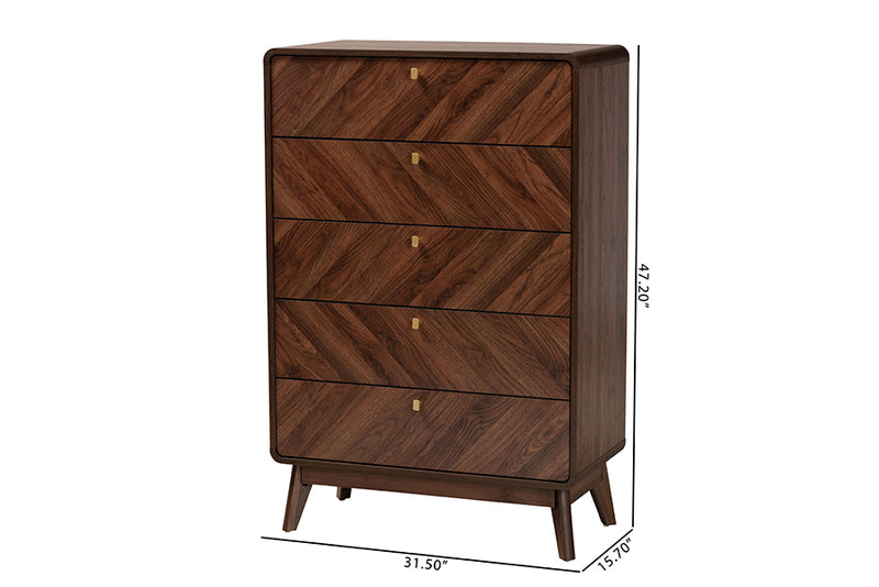 Sorrento Mid-Century Walnut Brown Finished Wood 5-Drawer Storage Chest