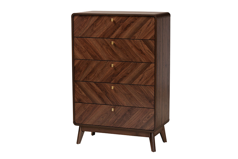Sorrento Mid-Century Walnut Brown Finished Wood 5-Drawer Storage Chest